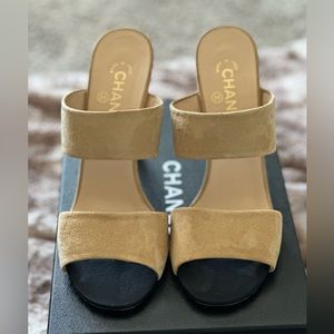 CHANEL Suede Pearl Embellished Mules Pump